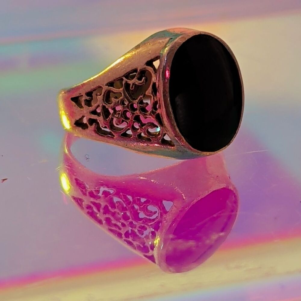 Vintage 1990s Black Onyx Silver Ring Size 6 Filigree 5g Statement
